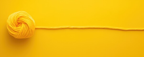 Obraz premium A vibrant yellow yarn ball with a long strand stretches across a matching yellow background, creating a cheerful and minimalistic aesthetic.