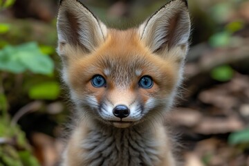 Naklejka premium Young fox with striking blue eyes poses in a forest during daylight