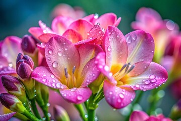 Fototapeta premium Pink Freesia Macro Rain Drops - Close Up Floral Photography