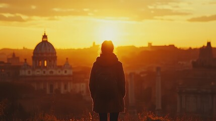 Obraz premium Silhouette of woman at sunset over rome skyline