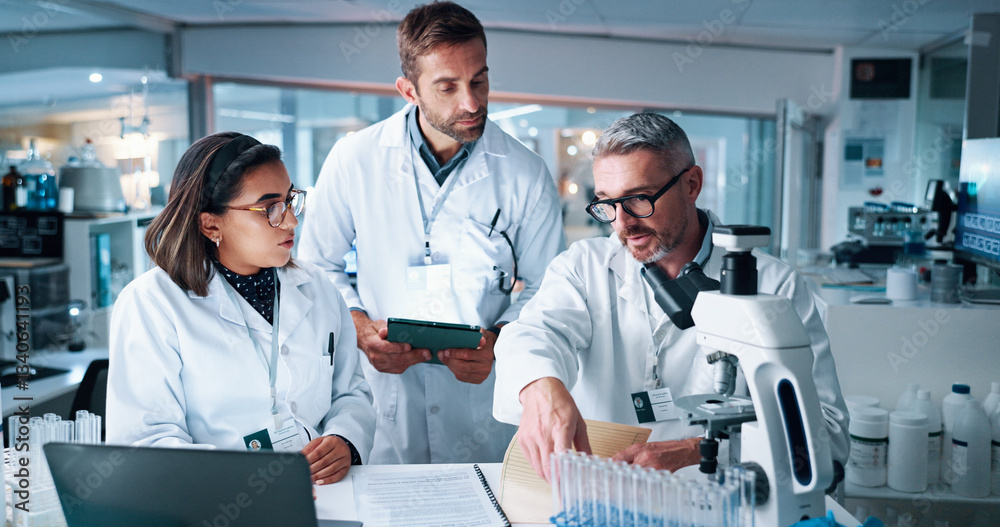 Poster collaboration, science and teaching with people in laboratory together for breakthrough or developme