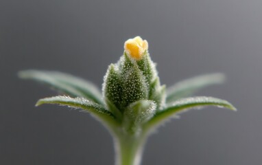 Close Up of a Small Yellow and Green Flower Bud with Dewdrops on a Gray Background