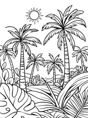  Tropical Cartoon Landscape Line Drawing for Coloring Book Pages