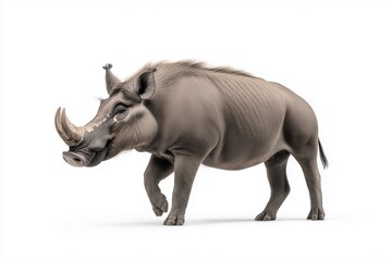 Obraz premium Side view of a warthog walking against a plain white background. Wildlife conservation, nature photography, and African fauna