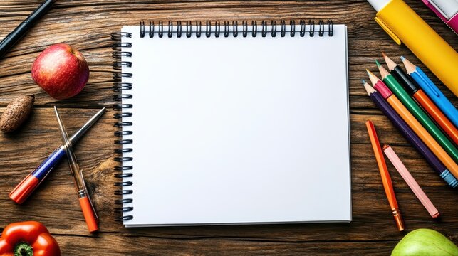 Blank sketchbook with pencils and fruits on wooden table