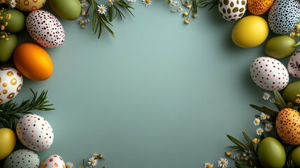 Green background with a bunch of eggs in various colors and sizes. The eggs are arranged in a circle around the background, with some of them overlapping each other. Scene is cheerful and playful