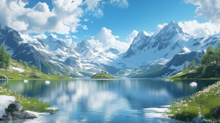 Fototapeta premium Serene alpine lake with snow-capped mountains and clear blue sky