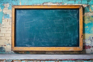 Old chalkboard mounted on a weathered wall with peeling paint in a rustic classroom environment