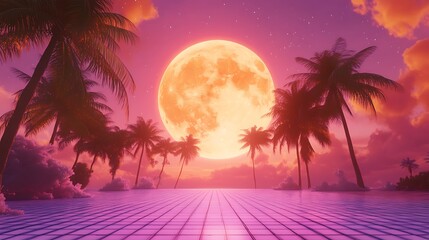 Naklejka premium Retro styled scene with palm trees, full moon, and neon grid floor.