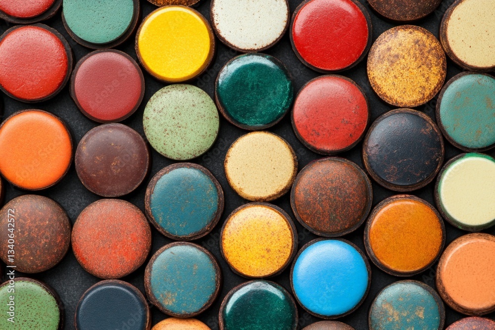 Poster colorful collection of vintage bottle caps arranged in an artistic pattern on a dark surface