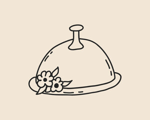 Line art doodle serving cloche. Coquette whimsical food tray icon. Restaurant dinner dish service. Vector outline illustration