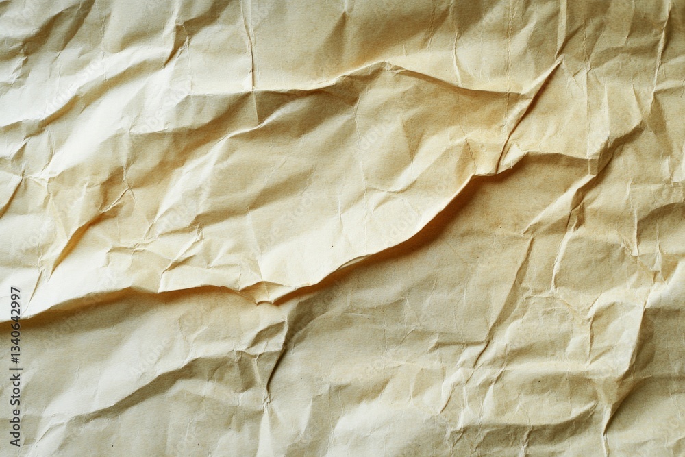 Poster Wrinkled beige paper displaying texture and dimension from varying folds and creases in an artistic arrangement