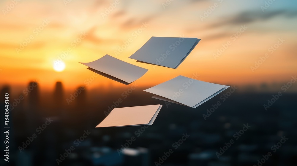 Poster Four blank sheets of paper float against a vibrant sunset backdrop, creating a surreal and dreamy atmosphere.