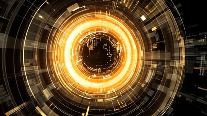 Futuristic technological interface with golden light burst and data streams animation - Powered by Adobe