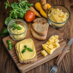Cheese spread on bread slices with fresh vegetables displayed on a wooden board