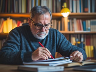 Professor grading exam papers with red pen in library focused environment academic assessment