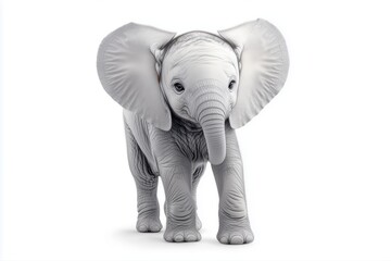 Fototapeta premium Adorable white baby elephant standing on a clean white background. Wildlife conservation, nature photography, and innocence