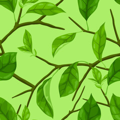 Pattern with branches and leaves. Spring or summer stylized foliage.