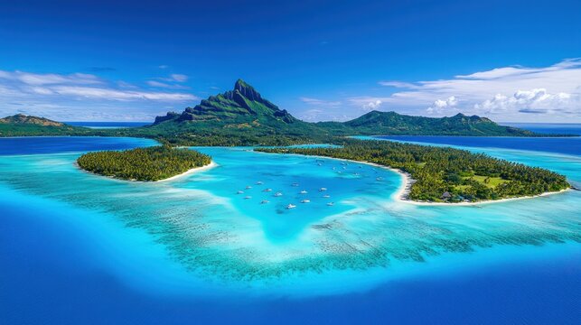 Spectacular Aerial View of Bora Bora's Lagoon, Turquoise Waters, Lush Island Paradise