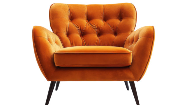 Elegant orange armchair adds a touch of retro charm to a modern living space
