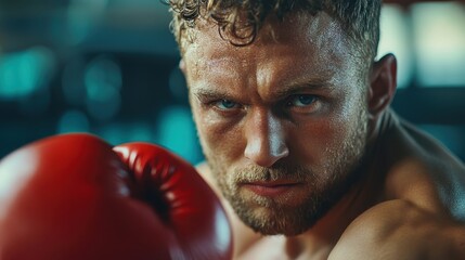Intense focused caucasian male boxer in training with red gloves