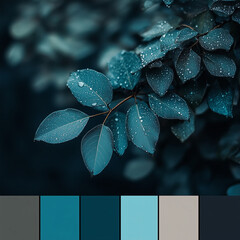 Dark teal leaves with water droplets, moody nature, atmospheric foliage, deep blue-green tones, tranquil botanical scene, fresh raindrops, serene forest