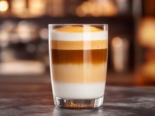 Artisan caramel latte pouring into glass coffee shop beverage photography cozy interior close-up culinary delight