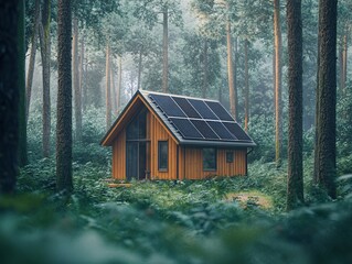 Off-grid cabin retreat serene forest nature photography tranquil environment close-up view sustainable living concept