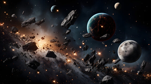A dramatic space scene capturing the collision of asteroids and cosmic debris in the vastness of intergalactic space with stunning detail.