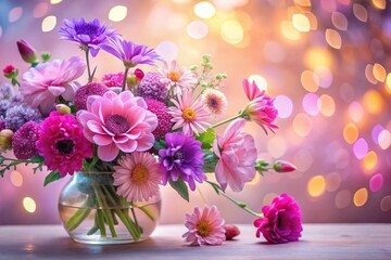 Pink & Purple Floral Arrangement: Delicate Blossoms, Whimsical Spring Bouquet, High-Resolution Stock Photo