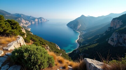 A professional photo of Cilento National Park, Italy, at midday with sunny conditions. Captured from above, highlighting the lush greenery and rugged coastline.