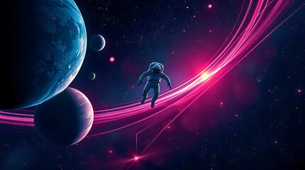 Naklejka premium Astronaut among vibrant rings and celestial bodies. 