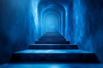 Fototapeta premium Mysterious blue stairway leads into an ethereal glow in a dimly lit corridor