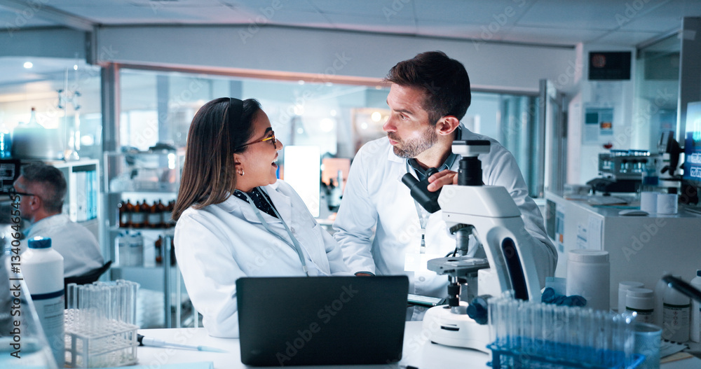 Poster laptop, microscope and science with people in laboratory together for development. computer, convers