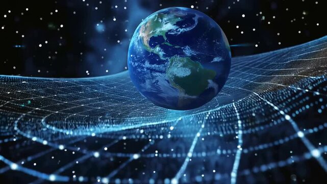 Gravitational dynamics: Earth depicted within space-time grid, showing mass-induced gravity well, glowing lines highlighting curvature, and cosmic particles.