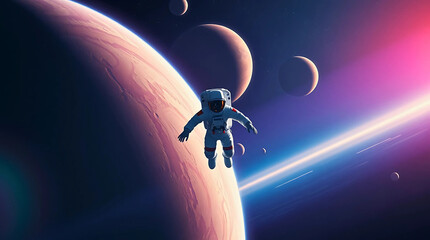 Naklejka premium Astronaut exploring vibrant cosmic scene with planets. 
