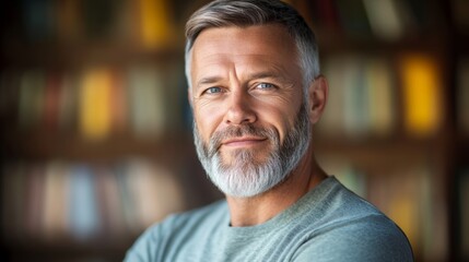 Obraz premium Man with a beard and gray hair is smiling at the camera. He is wearing a green shirt and is standing in front of a bookshelf