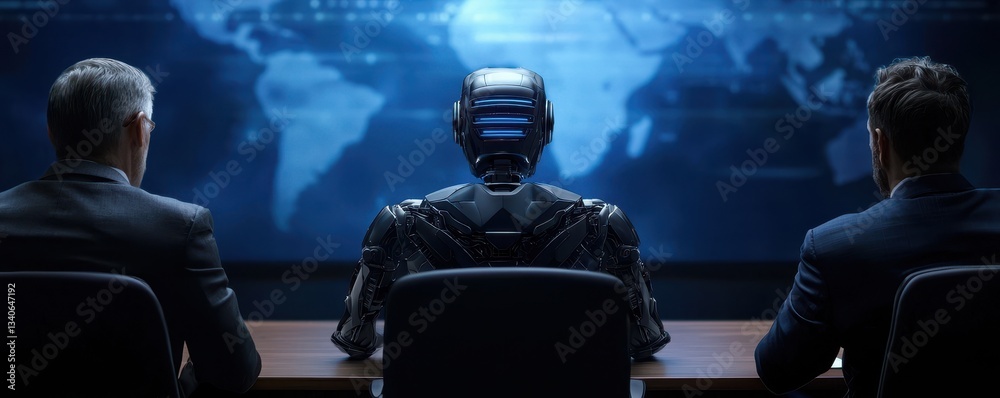 Poster A futuristic scene featuring a humanoid robot seated at a table, facing two individuals with a digital world map displayed behind them.
