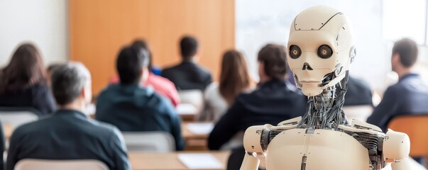 A humanoid robot is positioned in the foreground, while a group of people, likely students, are seated in the background, seemingly engaged in a learning environment.