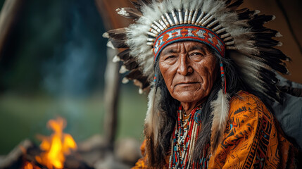 Fototapeta premium Native American elder in traditional attire seated by a campfire beneath a starry sky during a cultural ceremony