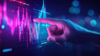Hand interacting with glowing stock market graph. Digital finance and economic analytics
