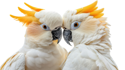 Two vibrant cockatoos display their striking features in a captivating embrace