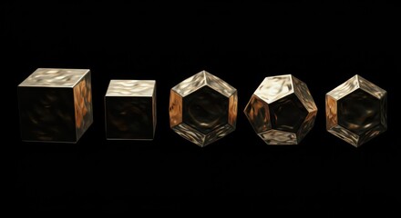 Gold Metal Geometric Shapes Arranged on Black Background with Reflections