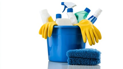 Assorted cleaning supplies in blue bucket with yellow gloves and sponge.