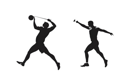 Silhouetted athlete throwing a hammer and another throwing a javelin, both figures in dynamic poses against a white background.