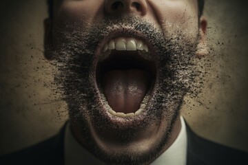 Expression of internal struggle captured through a surreal visual of a man&rsquo;s mouth with fragmented elements emerging