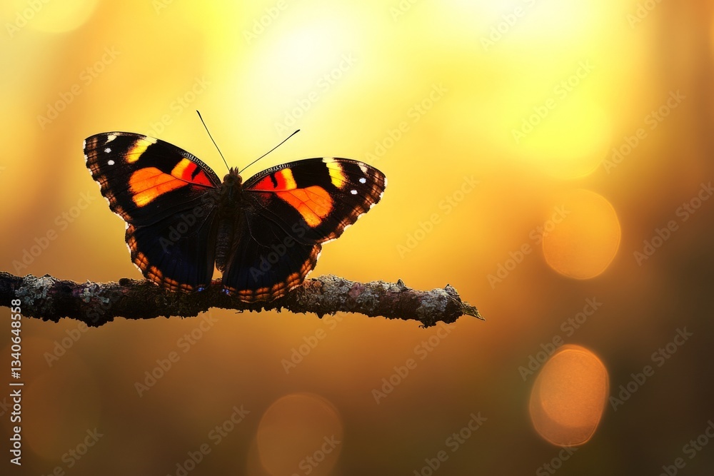 Aufkleber colorful butterfly perched on a branch during a golden hour with soft bokeh background
