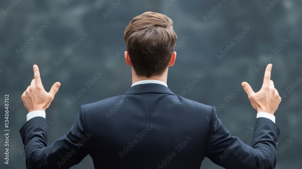 Poster A man in a suit stands with his back to the viewer, gesturing with both hands in a confident manner against a blurred background.