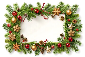 White frame with a green background and a wreath of Christmas decorations
