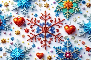 Fototapeta premium Pixel Art Snowflake Set: Abstract Winter Geometric Christmas Elements